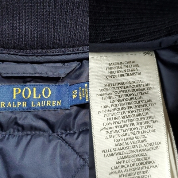 VINTAGE Polo Ralph Lauren Navy Blue Quilted Faux Suede Logo Crest Puffer Vest XS - Picture 16 of 16